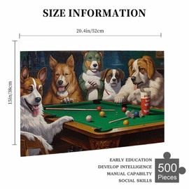 Puzzles for Adults 500 Pieces Jigsaw Puzzles Dogs Playing Pool Billiards Formation Wooden to Explore and Enjoy Gifts Home Decoration 20.4 x 14.9 in