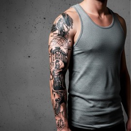 FEEL INK Tatuaje Temporal de Jagua Negro Realista, Tattoo Falso Resistente al Agua Hasta 15 Días, Diseño Unisex 8x18 cm, Colección Juvenil Aesthetic (Manga Caída Celestiales)
