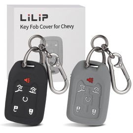 LILIP Key Fob Cover for Chevy (6-Button) - Premium Silicone Protector + Zinc Alloy Keychains for Chevy Suburban Tahoe Yukon Sierra 1500 2500HD 3500HD (Black & Gray)