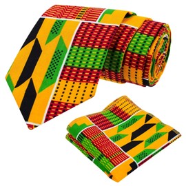 Stioyitois African Print Necktie for Men Pocket Square 2PC Set Kente Neck Ties