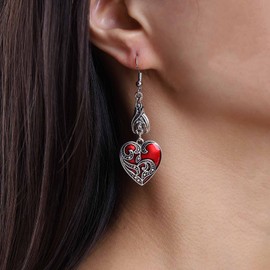 Atentuyi Punk Rock Bat Evil Eye Gothic Red Heart Earrings Silver Sacred Heart Drop Dangle Earrings Long Hook Earrings Vintage Filigree Earrings Statement Earrings for Women and Girls