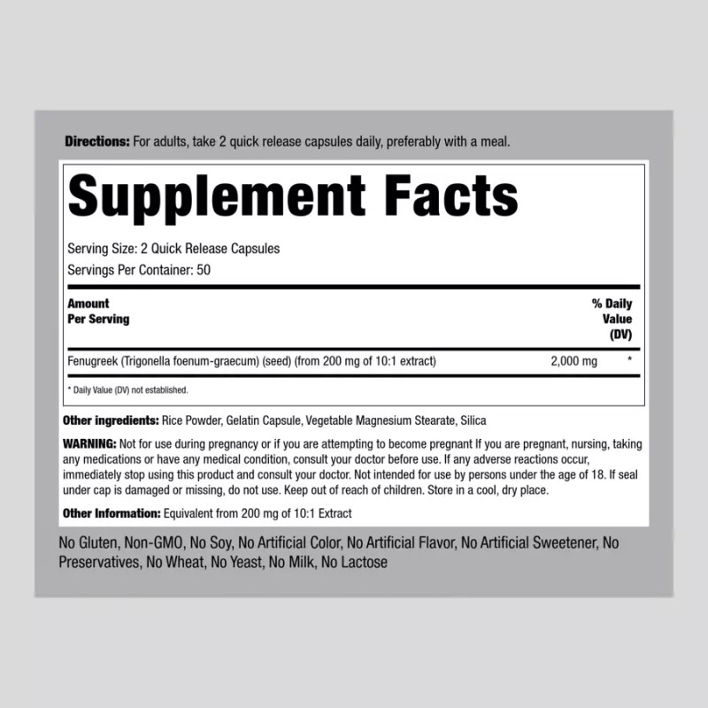 Piping Rock Fenugreek Seed Extract | 2000mg | 100 Capsules