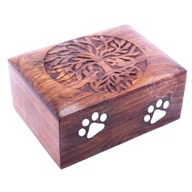 Hind Handicrafts Brass Paw Inlaid Rosewood Pet Urn for Dogs Cats Memorial Keepsake Urns for Ashes, Photo Wooden Box Cremation Urn (Medium : 7.5" x 5.5" x 3.5" - 100lbs or 45kg, Tree of Lfe)