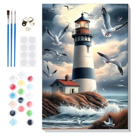 Bowetile Framed Paint by Numbers Lighthouse for Adults Beginners, Adults' Paint-by-Number Landscape Kits, Easy Adult Paint by Number Kits on Canvas, Acrylic Number Painting for Home Decor, 8x12in