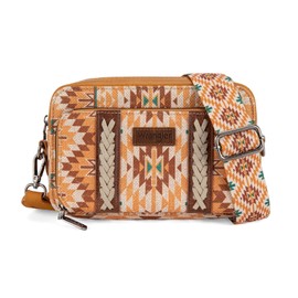 Wrangler Crossbody Bag for Women Boho Aztec Small Multi Pocket Crossover Purse, Angel Retro Yellow, Small