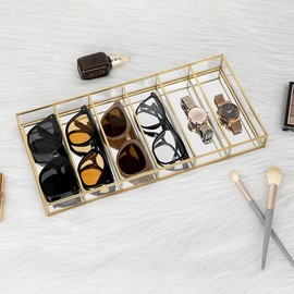 Hipiwe Glass Sunglass Organizer Tray Eyewear Eyeglass Storage Display Case Gold Mirrored Jewelry Perfume Display Tray Vintage Gold Sunglass Storage Case for Drawer Dresser Closet, 6 Slots