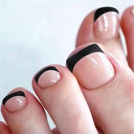 Black French Tip Press on Toenails Short Square Fake Toe Nail Press ons Light Pink Full Cover Toe Nails Glue on Glossy Fake Toenails Acrylic Press on Toe Nails for Women Girls 24Pcs