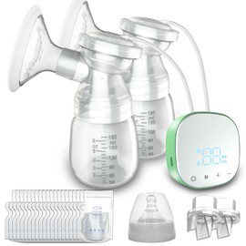 Electric Breast Pump, Double Breast Pump with 20 Breastmilk Fresh Bags, Single or Double Work Setting, Anti-Backflow, 3 Pump Modes and 9 Intensity Levels, LED Display, Easy to Pump Milk