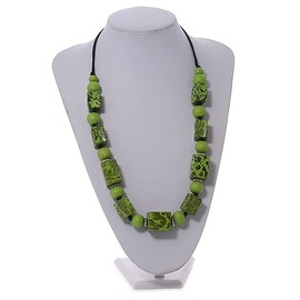 Chunky Lime Green with Animal Print Cube and Ball Wood Bead Cord Necklace - 90cm Max