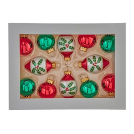 35MM Glass Green & Red Ball and Finial Ornaments 12 Piece Box Set