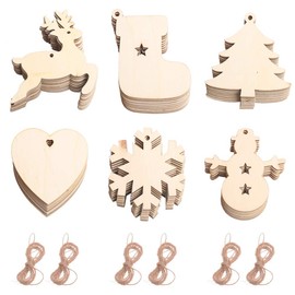 Christmas Tree Wooden Ornaments 60Pcs Snowflake Reindeer Xmas Tree Ornaments Hanging Chip Tags Pendant with Rope for Xmas Tree Holiday Party Home Decor Wedding DIY Craft Making Bunting Decor