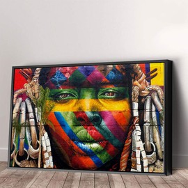 Eduardo Kobra African Graffiti Wall Canvas Art Home Decor (36in x 24in Modern Black Framed)