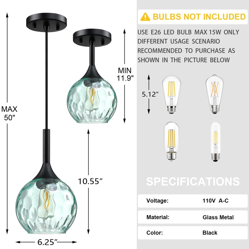 Doraimy Lighting 6.3" Hammer Green Glass Pendant Light 3 Pack