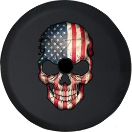 Funny Spare Tire Wheel Cover for Camper SUV Trailer Truck RV JP Thick PVC Leather | American Flag Cracked Skull Black 33 Inch with Backup Camera Hole