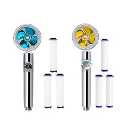 Oiieco Pack of 2 Propeller Shower Heads, 360° Rotatable with 6 Filter Shower Heads, Water-Saving, Pressure-Increasing Shower Head (Gold + Blue)
