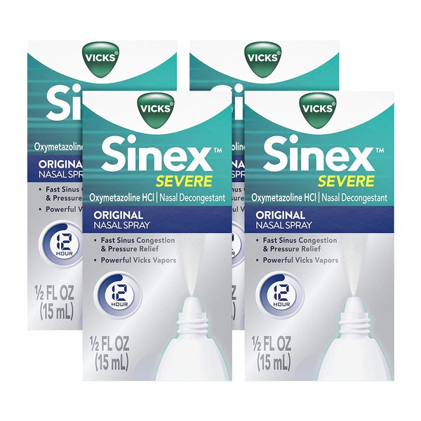 Vicks Sinex SEVERE, Nasal Spray, Original Sinus Decongestant for Fast Relief of Cold & Allergy Congestion, Sinus Pressure Relief, 0.5 Fl. Oz (Pack of 4)