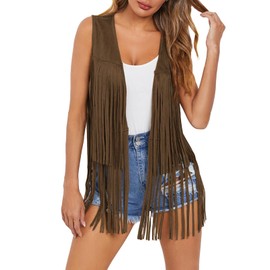 Dokotoo Womens 70s Hippie Cowgirl Outfits Western Fringe Vest Faux Leather Tassel Jacket Cardigan Party Clothes for Ladies Outwear Cute Vests Tops Vacation Holiday 2025 Trendy Clothes Brown Medium