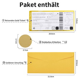 Pack of 6 Golden Travel Voucher Flight Ticket with Scratch Stickers, Boarding Pass for Labelling with Envelopes, Unique Travel Gift Packaging for Valentine's Day, Birthday, Gift for Girlfriends