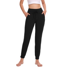 GYS Bamboo Viscose Women Pajama Pants Drawstring Waistband Jogger Pants with Pockets, Black, Medium