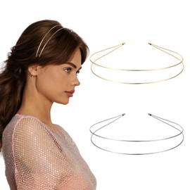 Metal Headband 2 Pack, Silver and Gold Double-Layer Thin Hair Band, Unisex Simple Elastic Headpiece Headbands for Teens & Women Bridal Wedding Party