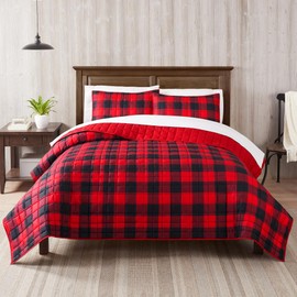 Serta Simply Comfort Alex Soft Modern 3 Piece Buffalo Check Plaid Bedding Quilt Set with Pillow Case for All Season, Full/Queen, Red/Black