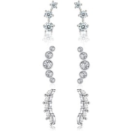 USEEDOVIA Sterling Silver Earrings Set,3 Pairs Ear Curve Climber Earrings for Women,Cubic Zirconia Studs Earrings,Hypoallergenic Silver Earrings Jewelry Birthday Christmas Wedding Gifts for Her