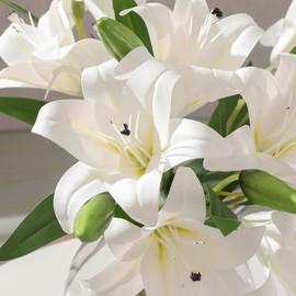 Tifuly 6 PCS Artificial Lilies,15'' Single Long Stem Artificial Flowers with 12 Heads 12 Buds,Faux Plastic Lily,Fake lillies for Home Decoration Garden Office Wedding Party Flower Arrangment(White)