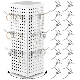 Geelin Rotating Countertop Display Kit with 16 Peg Hooks Four Sided Pegboard Spinner Organizer 4 x 4 x 12 Inches Retail Display Racks Revolving Metal Countertop for Keychain Supplies(White)