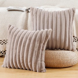 Madizz Set of 2 Faux Fur Plush Decorative Cushion Covers, Fluffy, Striped, Soft, Decorative Cushion Cover for Sofa, Bedroom, Cushion, Taupe, 45 x 45 cm
