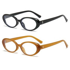 JOVAKIT Oval Blue Light Blocking Glasses for Women Men Vintage Fashion Small 90s Retro Oval Frame Style Eyeglasses (Black+Dark Brown)