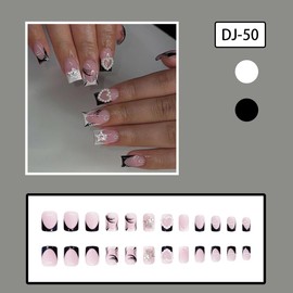24 Pcs Black White French Press on Nails Short Square - WLGDLH Fake Nails Pink False Nails with Star Rhinestone Heart Pearl Designs Glossy Nail Tips Full Cover Stick on Nails for Women Acrylic Nails