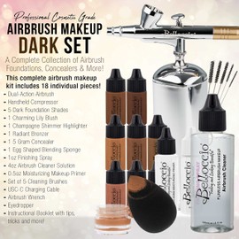 Belloccio Complete Cordless Handheld Airbrush Cosmetic Makeup System with 5 Dark Foundation Shades, Professional 18-Piece Kit, Moisturizing Primer, Blush, Bronzer, Highlighter, Concealer, User Guide