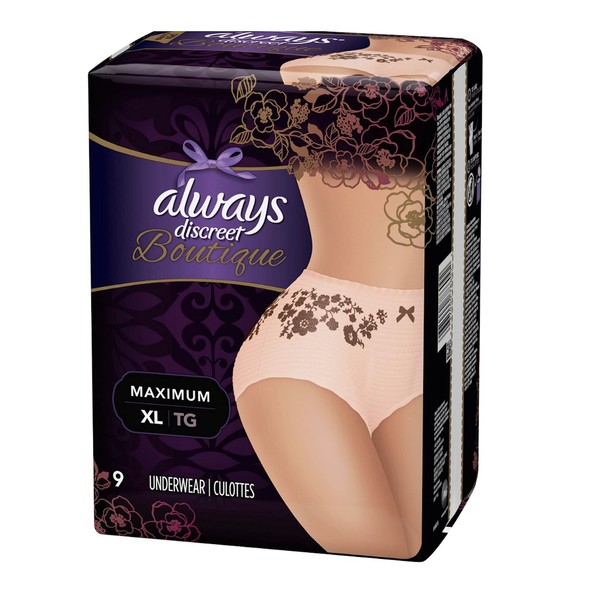 Extra Large, Tan Always Discreet Boutique Incontinence Underwear Maximum, XL - Flower Prints, 9 count