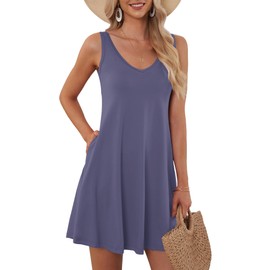 AUSELILY Women's Sleeveless V Neck Mini Dress Beach Cover Up Swimwear Bathing Suit Sundresses with Pockets 2025 New Purple Gray L
