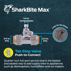 SharkBite Max 3/4 x 3/4 x 1/4 Inch Compression Tee Stop Valve, Push-to-Connect Chrome Brass Plumbing Fitting, UR24985A