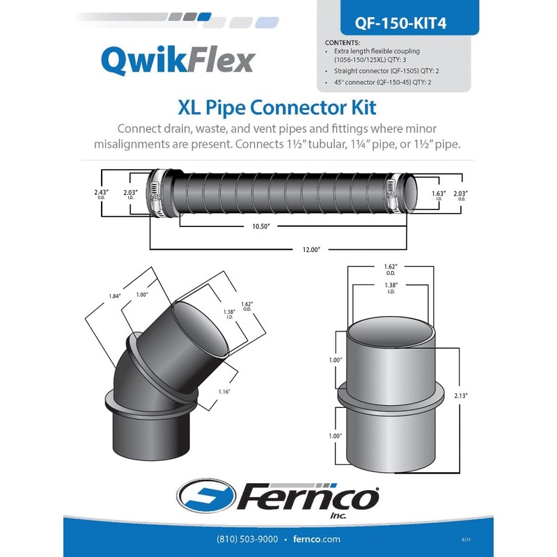 Fernco QwikFlex 36-in. Flexible Pipe Connector Kit for Offset or