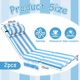 2 Pcs Outdoor Chaise Lounge Cushion with Pillow and Side Pocket Waterproof Lounge Chair Cushions with Pocket on Back 72 x 21 x 4 Inch Patio Pool Replacement Pad (Sky Blue and White)