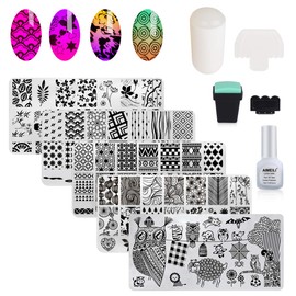 AIMEILI Nail Art Plates, Nail Stamps, Manicure Tool Kit, 5 x Nail Stamping Stencils, 2 x Stamps, 2 x Scrapers, 1 x Latex Peel Off Tape