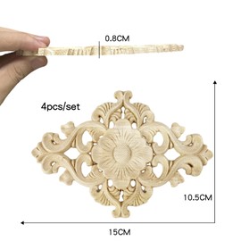 FRUHLING Pack of 4 Wooden Ornaments, Carved Furniture, Appliques, Carving Ornament, Onlay Applique, Unpainted Wooden Ornaments for Furniture, Wall, Cabinet, Door, Decor, DIY, Handmade