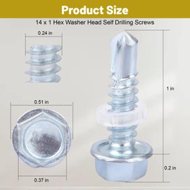 #14 x 1” Self Tapping Screws for Metal, self Drilling Screws ，Hex Washer Head Self Drilling Screws, 410 Stainless Steel - 200 Pcs