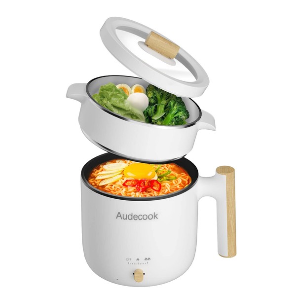 Audecook Hot Pot Electric with Steamer, 1.8L Portable Mini Travel Cooker, Multifunctional Non-Stick Electric Skillet for Stir Fry/Stew/Steam, Perfect for Ramen Noodles/Pasta/Egg/Soup/Oatmeal