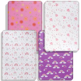 MLEPXBO Next to Me Crib Sheets，Fitted Baby Crib Sheets Set of 4， Breathable Soft Microfiber Fitted Baby Bed Sheets (Pink Sun & Rainbows, 83x50cm)