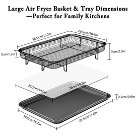 Oven Air Fryer Basket and Tray, Large 15.7" × 11.6" Air Fryer Pans for Oven with 30 Sheet Parchment Papers, THORSES Crisper Tray Durable Non-stick Stainless Steel Air Fryer Basket for Oven - Black
