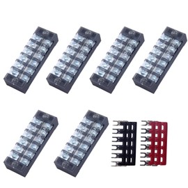 CEEYSEE 12pcs (6 Set) 6 Positions Dual Rows Covered Screw Terminal Block 600V 25A + 6Pcs 6 Positions Pre-Insulated Black/Red Fork Terminal Barrier Strip 400V 25A(TB2506)