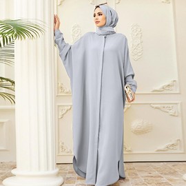 Womens Abayas Muslim Dress Abaya Batwing Sleeve Prayer Clothes Middle East Kaftan Dubai Islamic Dress Solid Casual Loose Fit Maxi Cardigan Robe Modest Arabian Outfit Ramadan Long Dresses Grey