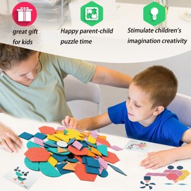 Wooden Pattern Blocks with Cards,180Pcs Tangram Shape Puzzle Set for Kids,STEM Educational Toys for Ages 4-8