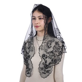 Bozidol Church Catholic Veils for Women, Triangle Black Our Lady of Guadalupe Embroidered Lace Mantilla Chapel Veil, Latin Mass Prayer Scarf Head Coverings with Clips