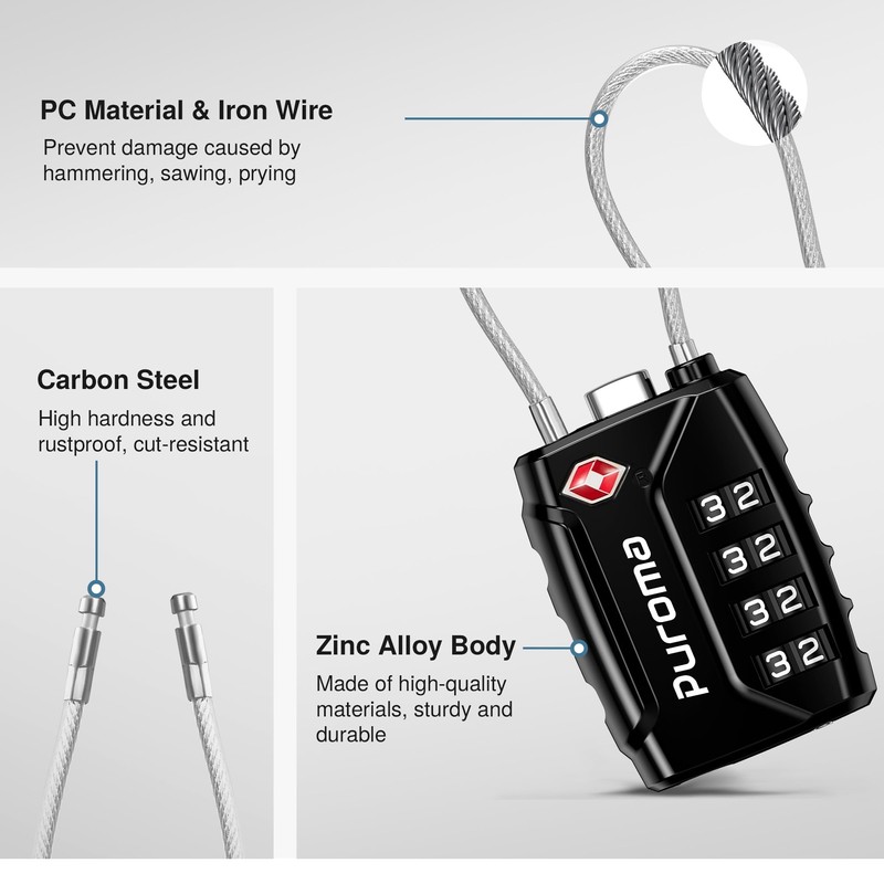 Puroma TSA Approved Luggage Locks, 4 Digit Combination Travel Cable
