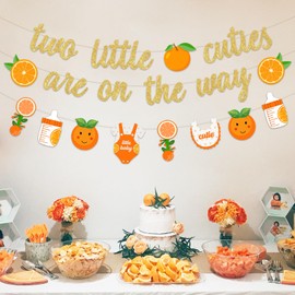 JOYMEMO Two Little Cuties are On The Way Banner with Tangerine Garland - Two Little Cuties Baby Shower Decorations Twins, Orange Fruit Themed Gender Reveal Party Supplies for Boys or Girls