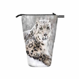 Swono Snow Leopard Pencil Pouch Frontal Portrait Snow Storm Stand Up Pencil Case Pencil Holder Cosmetics Bag For Women Men